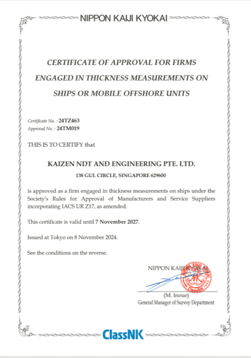 certificate of approval for firm engaged in thickness measurements on ships or mobile offshore units
